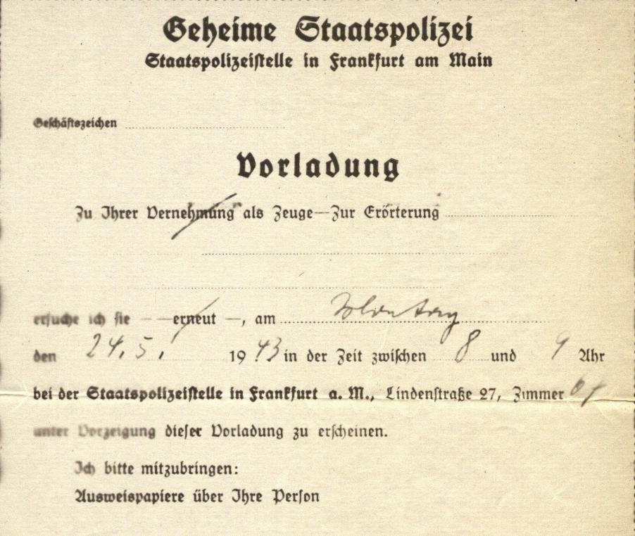 Vorladung der Gestapo in Frankfurt am Main "zur Erörterung"